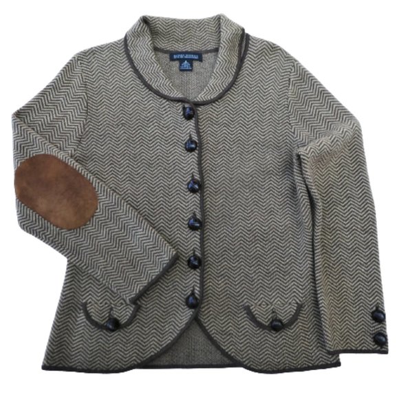 Vintage Merino Chevron Knit Sweater Blazer Brown Beige Knit Buttons Suede Patch - Picture 1 of 7